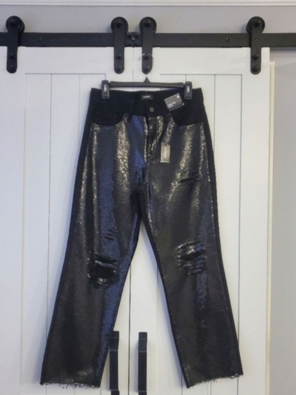 Express High Waisted Sequin Front Ripped Raw Hem Straight Ankle Jeans. NEW!